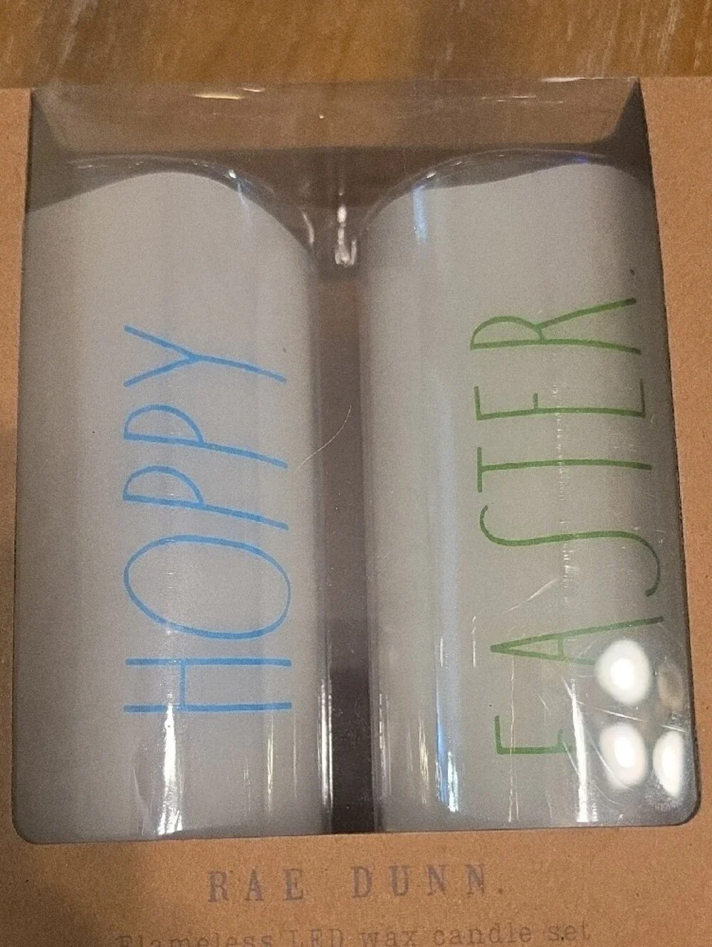Rae Dunn White LED Candle Set with Blue and Green Lettering